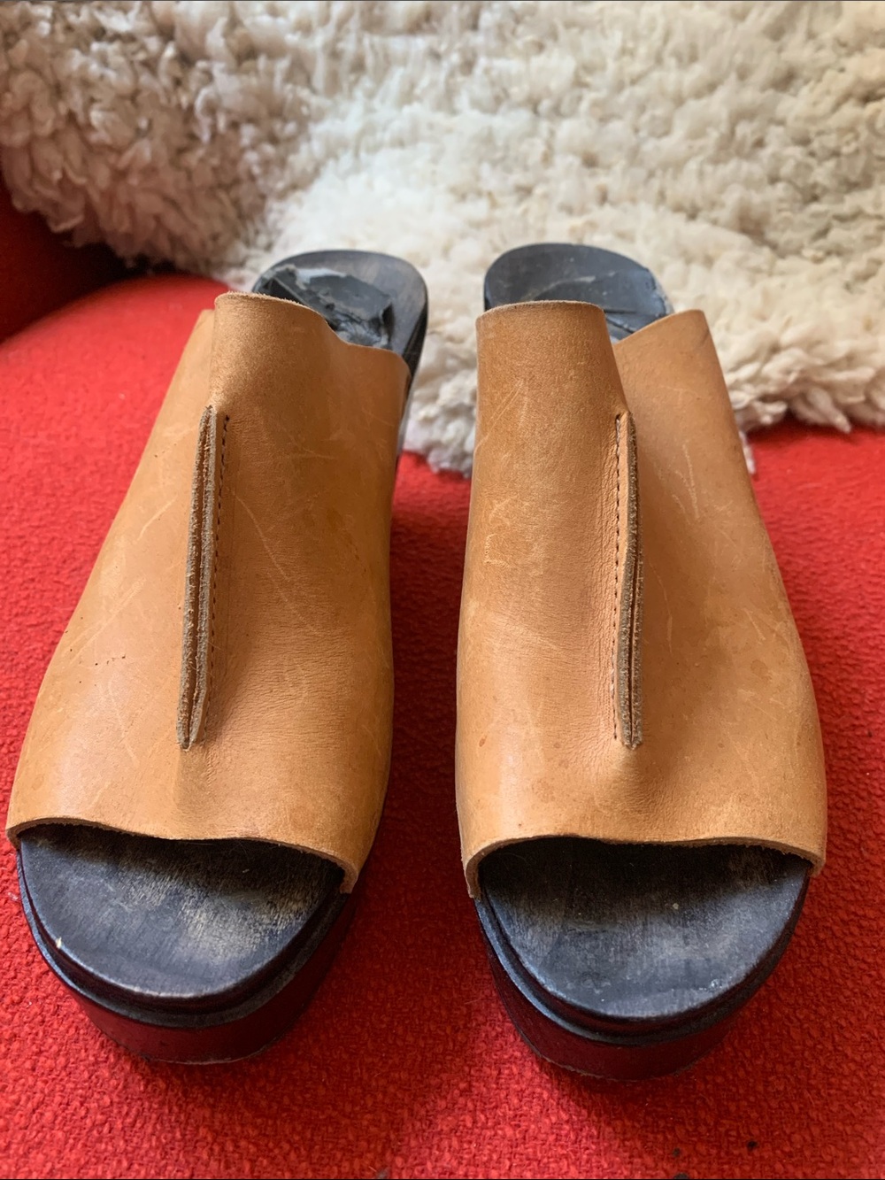 No. 6 Tan Leather Platform Clogs, 38